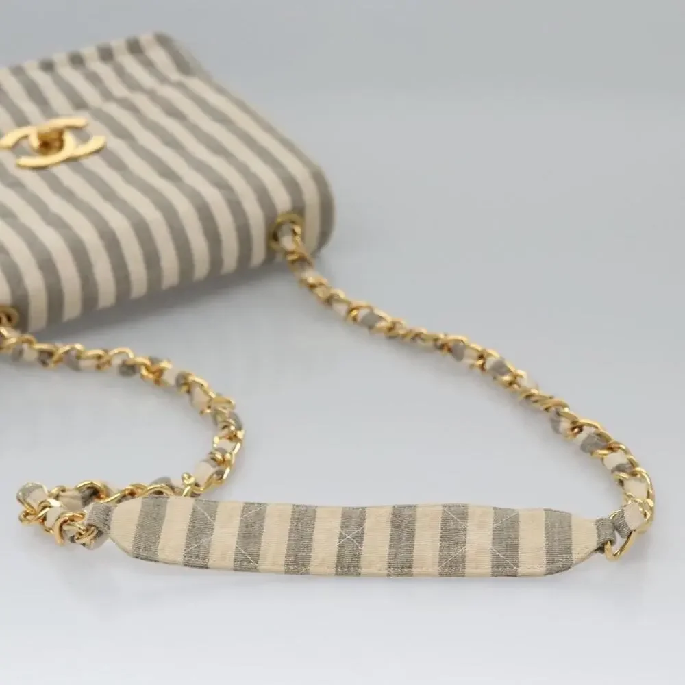 Chanel Canvas Striped Matelasse Chain Shoulder Bag White